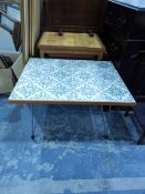 Two tile topped tables, oak fire screen,