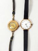 A lady's 9ct gold wristwatch with white enamel dial and another (2)