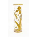 An Edwardian glass vase of slightly waisted form, having applied gilt enamel iris decoration,