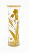 An Edwardian glass vase of slightly waisted form, having applied gilt enamel iris decoration,