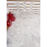 A quantity of cut glassware to include stemware, brandy balloon, pair square decanters,