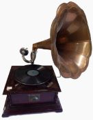 HMV stained wood clockwork gramophone with 44cm brass pedal horn