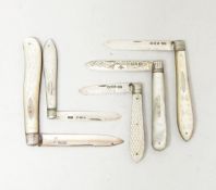 A Victorian silver fruit knife with mother-of-pearl handle, metal inset plaque,
