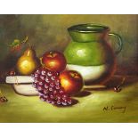 Contemporary oil on boards Still life jug with fruit, signed bottom right "N Connway(?)",