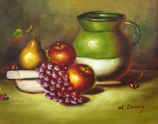 Contemporary oil on boards Still life jug with fruit, signed bottom right "N Connway(?)",