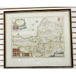 19th century handcoloured engraved map of Somerfet Fhire bearing armorials, 39cm x 50cm approx.