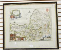 19th century handcoloured engraved map of Somerfet Fhire bearing armorials, 39cm x 50cm approx.