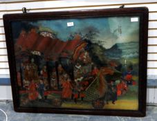 Chinese painting on glass depicting multiple figures riding in a chariot of mythical bird form,