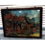 Chinese painting on glass depicting multiple figures riding in a chariot of mythical bird form,