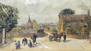 Karl Hagedorn (1889-1969) Watercolour Village scene with children playing marbles, horse and cart,