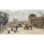 Karl Hagedorn (1889-1969) Watercolour Village scene with children playing marbles, horse and cart,