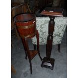 A Victorian mahogany plant pedestal on square platform base and an oak and brass-bound R A Lister