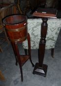 A Victorian mahogany plant pedestal on square platform base and an oak and brass-bound R A Lister