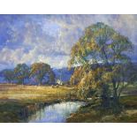 R (G) Gordon Trow (circa 1950) Oil on canvas board Tranquil meadow scene with cattle,