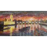Alvaro (Contemporary) Oil on board Nightscape of the River Thames with floodlit Houses of