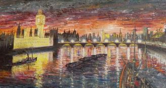 Alvaro (Contemporary) Oil on board Nightscape of the River Thames with floodlit Houses of