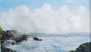 W G Wheeler Pair oils on board Harbour scene from hilltop with sailing vessels and another coastal