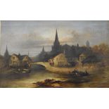 K Kaufmann (1843-1902) Oil on canvas Dutch river landscape with bridge and churches,