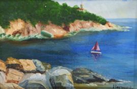 Harwood (20th century) Oil on canvas Coastal scene with sailing boat, signed lower right,