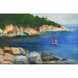 Harwood (20th century) Oil on canvas Coastal scene with sailing boat, signed lower right,