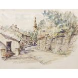 After W Moseley Colour prints A high street and a village scene with church in the middle