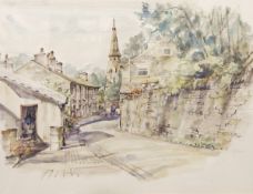 After W Moseley Colour prints A high street and a village scene with church in the middle