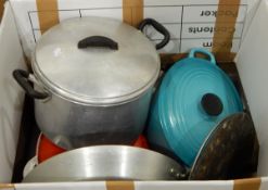 A Le Creuset oval casserole dish and other cookware, etc.