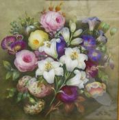 19th century painted porcelain plaque decorated with lilies, roses, convolvulus and carnations,