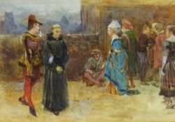 Charles Green (1840-1898) Watercolour Medieval figures in a courtyard,