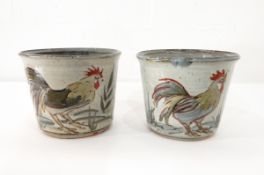 A pair of Colin Kellam studio pottery jardinieres each painted with cockerels,