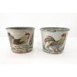 A pair of Colin Kellam studio pottery jardinieres each painted with cockerels,