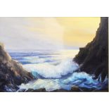 R J Clarke Oil on Canvas "Bounding Surf", coastal sunset scene, signed and dated '66, approx.