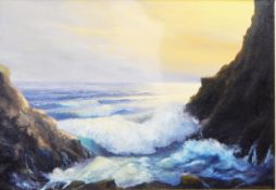 R J Clarke Oil on Canvas "Bounding Surf", coastal sunset scene, signed and dated '66, approx.