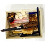 An Esterbrook green fountain pen, quantity of other pens, agate paper knife, mantilla comb,