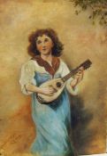 M L Oil on canvas "Mandolinata", girl playing mandolin, initialled "ML" and dated 1889,