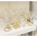 Assorted drinking glasses including cut glass examples, an engraved rummer, etc.