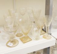 Assorted drinking glasses including cut glass examples, an engraved rummer, etc.