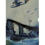 Piani(?) Watercolour S59 Savoia aircraft above an Italian war ship, signed upper left, 31.5cm x 22.