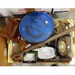 A quantity of collectables including horse brasses, microscope, archery equipment, etc.