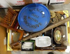 A quantity of collectables including horse brasses, microscope, archery equipment, etc.
