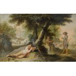 After Nicolas Lancret Oil on canvas Shepherds sitting beneath trees with cattle and horses beyond,