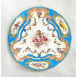 A Sevres style porcelain plate, the 'Bleu Celeste' ground with gilded decoration,