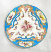 A Sevres style porcelain plate, the 'Bleu Celeste' ground with gilded decoration,