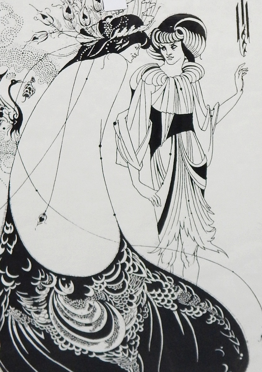 A large black and white print of Art Nouveau style couple and other items
