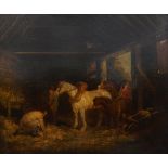 After George Morland Oil on canvas Stable scene of horses being fed,