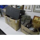 A quantity of brass and metal items, a tool box, leather collar box,