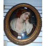 Oil on board Victorian shoulder length portrait of young lady, oval, 35.