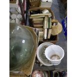 A large quantity of miscellaneous items including a gilt tray, glasses, table lamps, cameras,