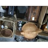 Various items including tapestry-topped footstool, barrel, paper mache basket,