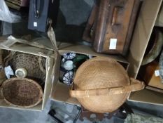 Various items including tapestry-topped footstool, barrel, paper mache basket,